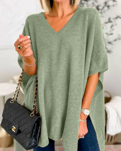 Adeline Effen Poncho Sweater met V-hals en losse pasvorm