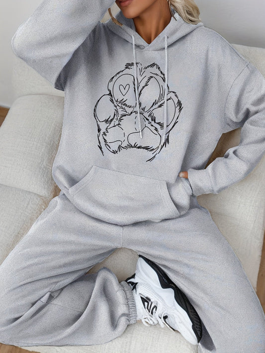 Heidi-Mode Katoenen Sweater & Sweatbroek Tracksuit Set met Paw Print - Ideaal voor Herfst/Winter