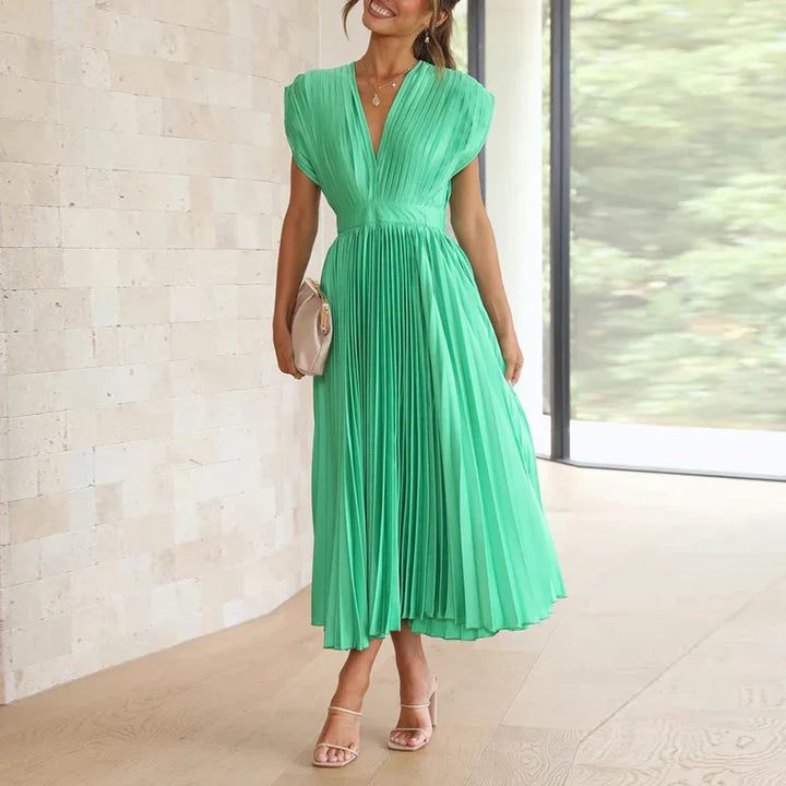 Plooirok midi-jurk met V-hals en elegante korte mouwen