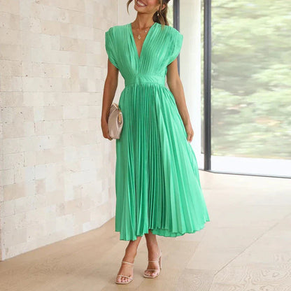 Plooirok midi-jurk met V-hals en elegante korte mouwen