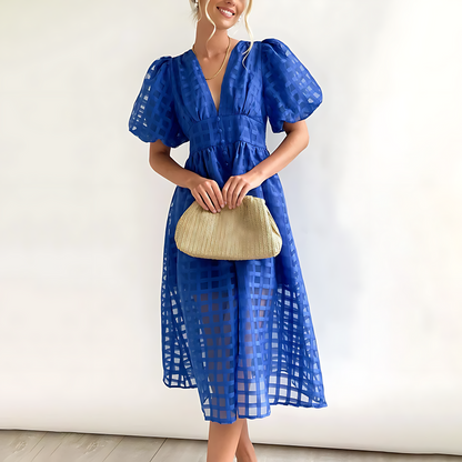 Elegante zomer midi-jurk met korte pofmouwtjes