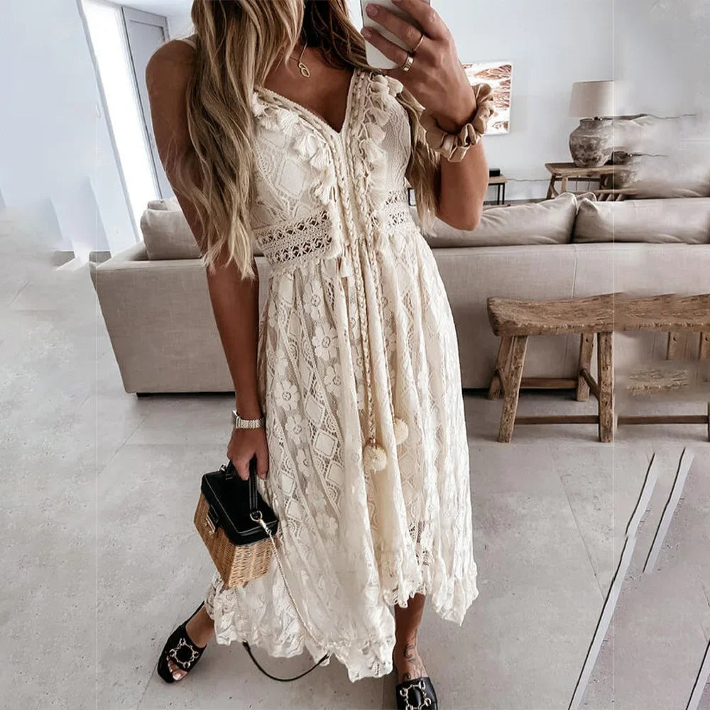 Boho kanten jurk met kwastjes