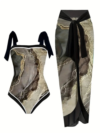 Elegant zwempak & rok met marmerprint in één stuk