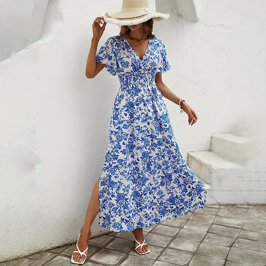 Lange jurk met bloemen V-hals en elegante korte mouwen
