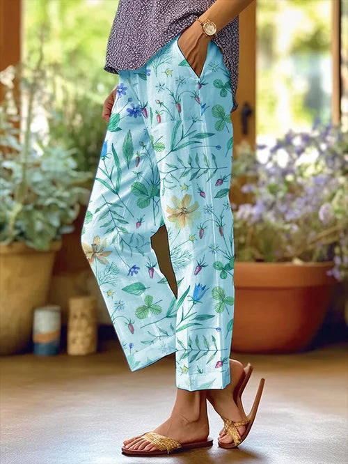 Vrouwen Bloemmotief Losse Zak Patchwork Casual Broek