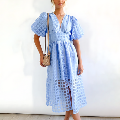 Elegante zomer midi-jurk met korte pofmouwtjes
