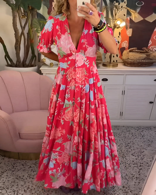 Jurk met zak bij V-hals met bloemenprint
