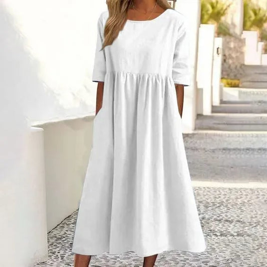 Dames casual midi-jurk met ronde halslijn en functionele zakken