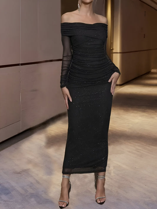 Derya | Glinsterende cross-pleated off-shoulder cocktailjurk