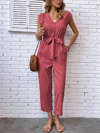 Bea - Dames Playsuit met V-hals en knoopsluiting en zachtblauwe broek