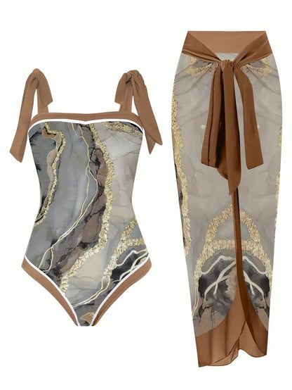 Elegant zwempak & rok met marmerprint in één stuk