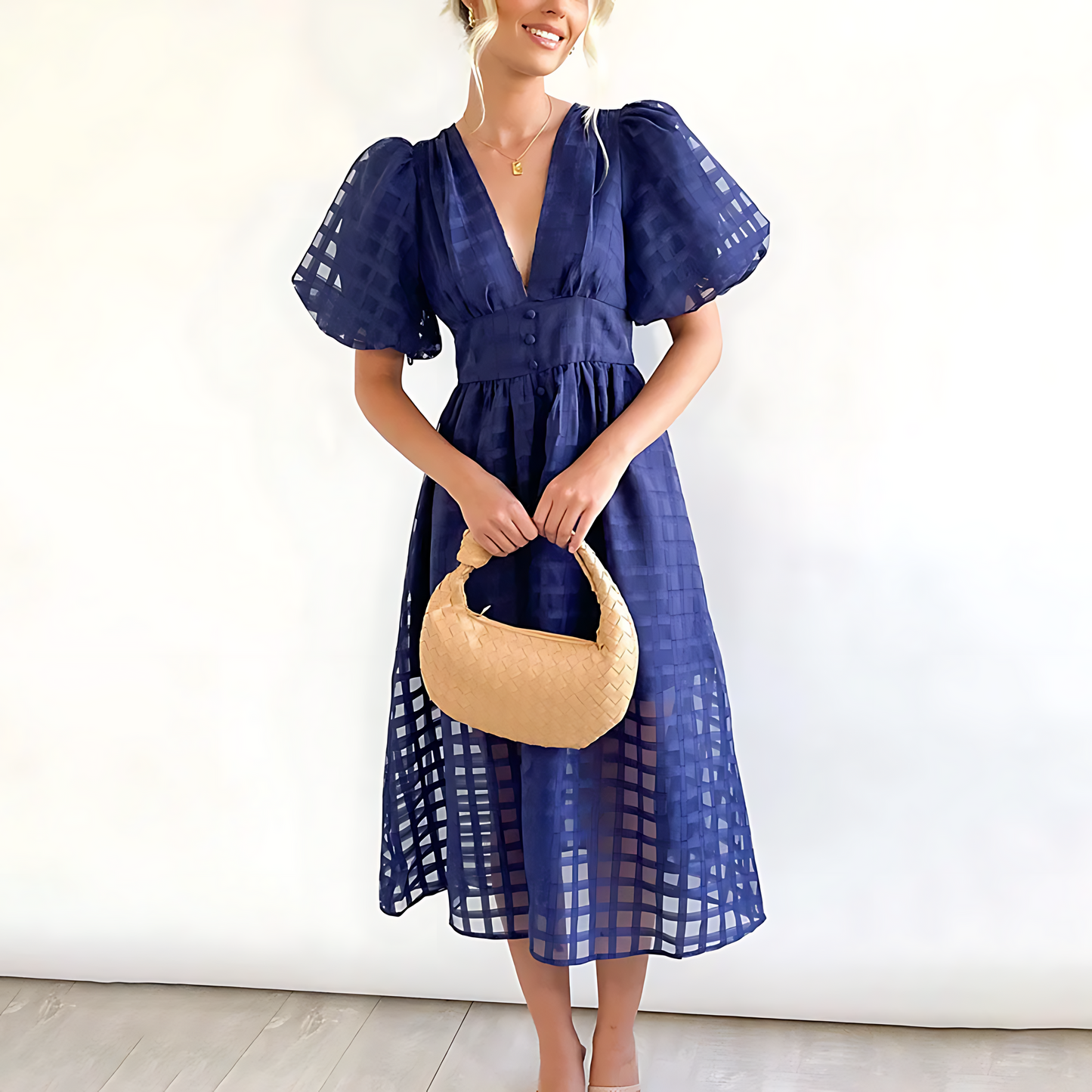 Elegante zomer midi-jurk met korte pofmouwtjes