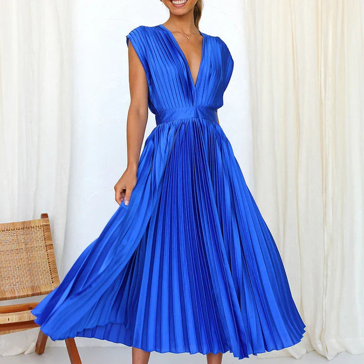 Plooirok midi-jurk met V-hals en elegante korte mouwen