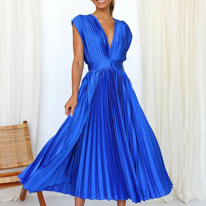 Plooirok midi-jurk met V-hals en elegante korte mouwen