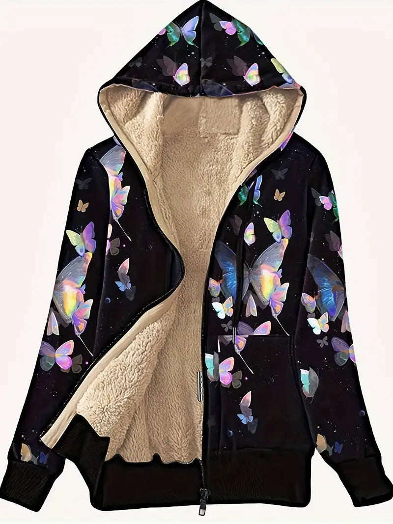 Sharon | Wings zip-up hoodie met vlinderprint en imitatiebont voering