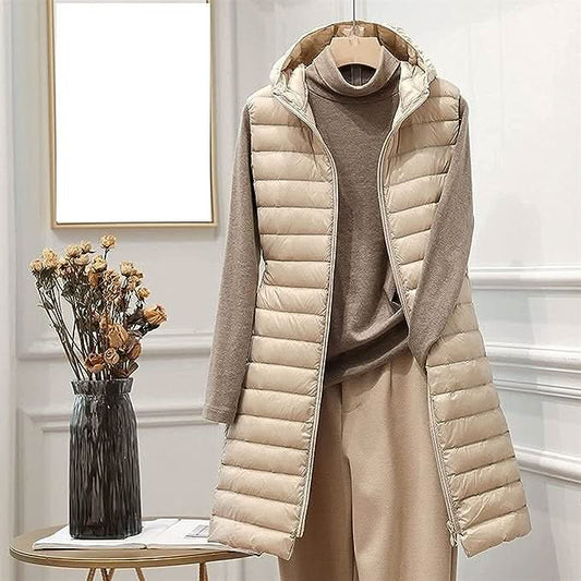 Elegant donzen gilet met capuchon en lange pasvorm voor dames