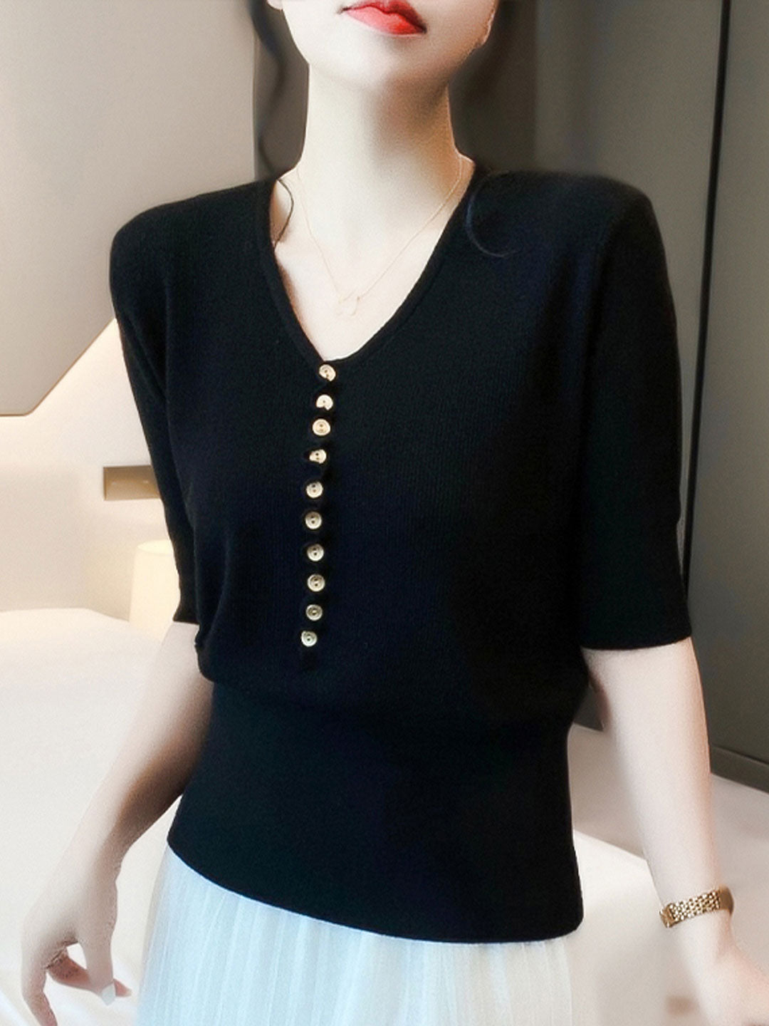 Ciska Top | Casual VHals Knoop Gebreide Top