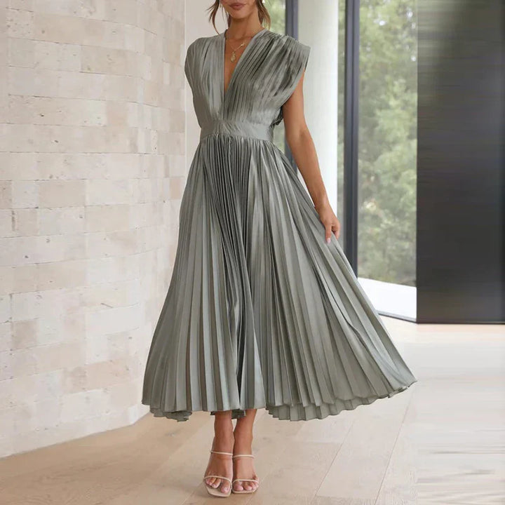 Plooirok midi-jurk met V-hals en elegante korte mouwen