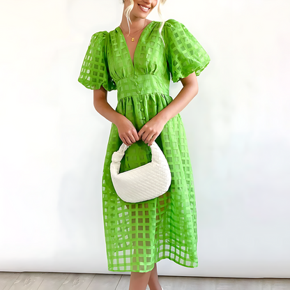 Elegante zomer midi-jurk met korte pofmouwtjes