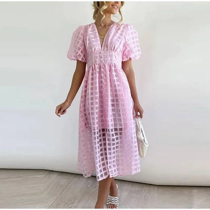 Elegante zomer midi-jurk met korte pofmouwtjes