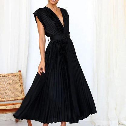 Plooirok midi-jurk met V-hals en elegante korte mouwen