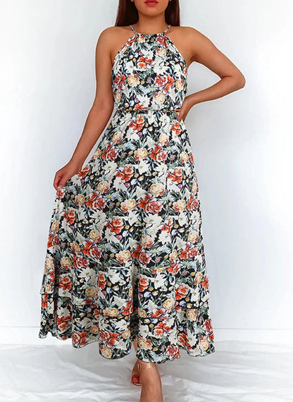 Jurk met rok tot halverwege de kuit en elegante bloemencombinatie