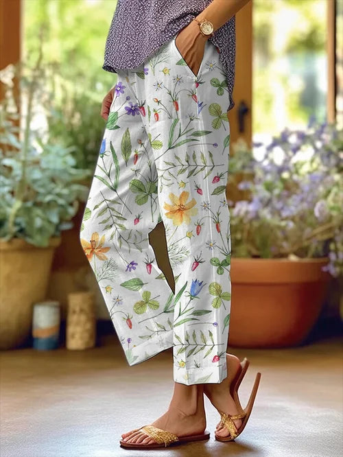 Vrouwen Bloemmotief Losse Zak Patchwork Casual Broek