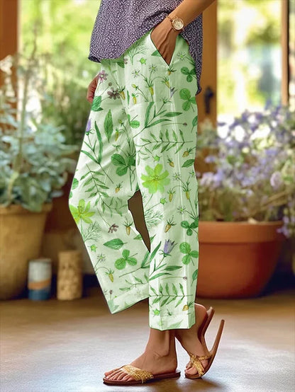 Vrouwen Bloemmotief Losse Zak Patchwork Casual Broek