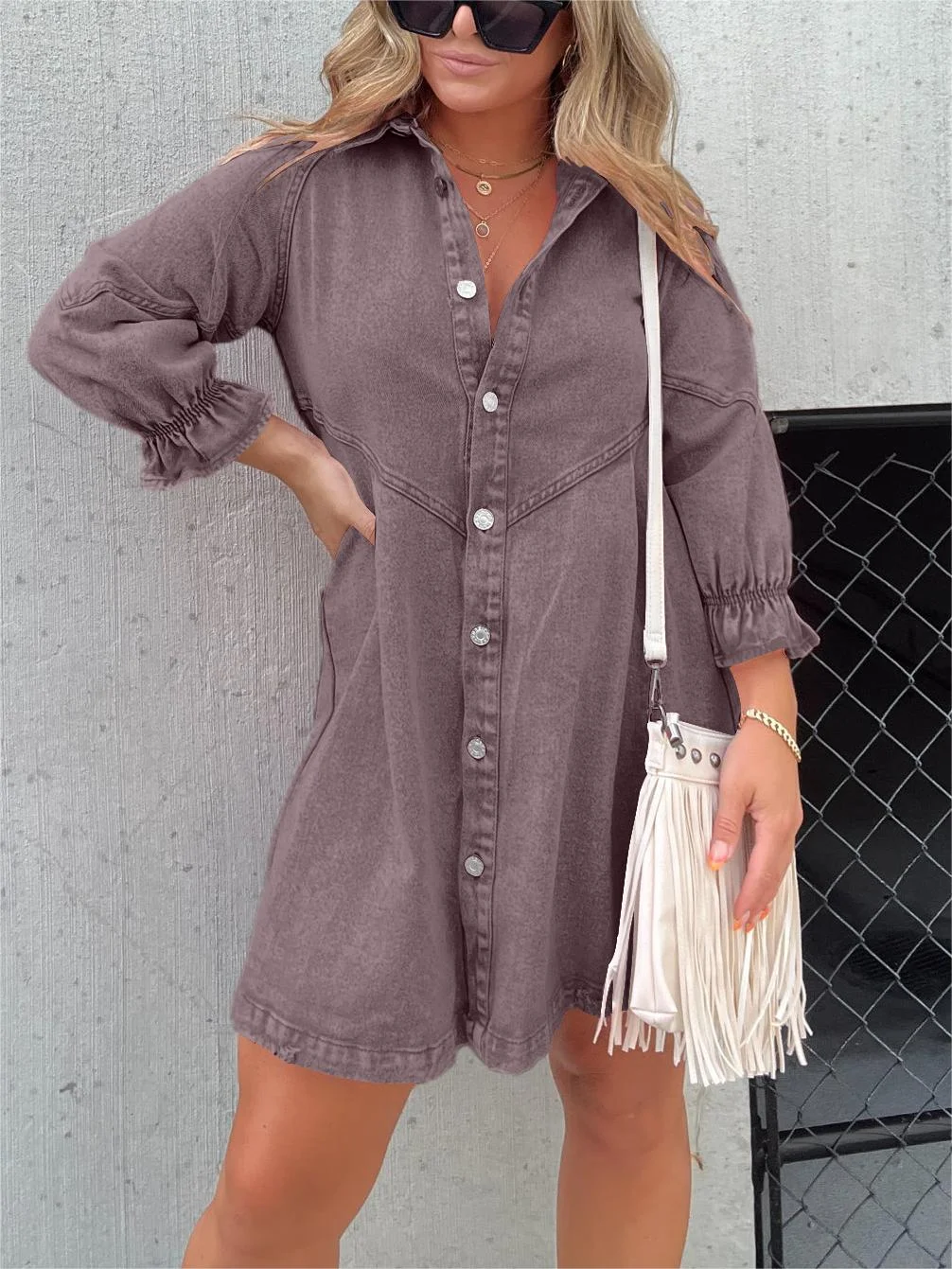 Aileen Gewassen denim jurk met pofmouwen