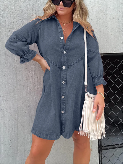Aileen Gewassen denim jurk met pofmouwen