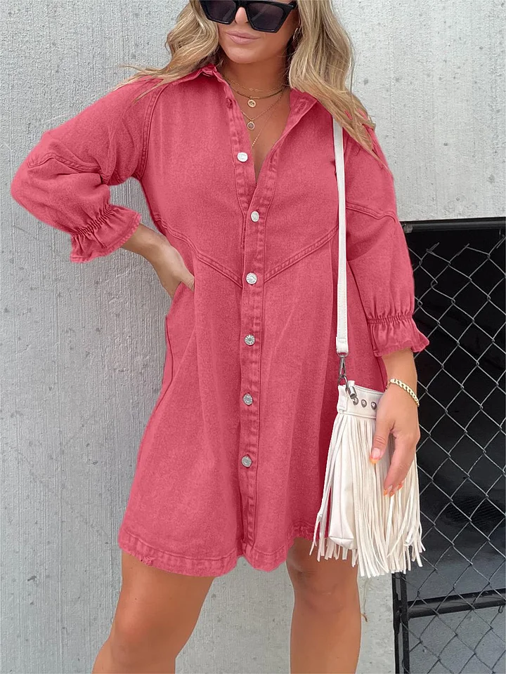 Aileen Gewassen denim jurk met pofmouwen