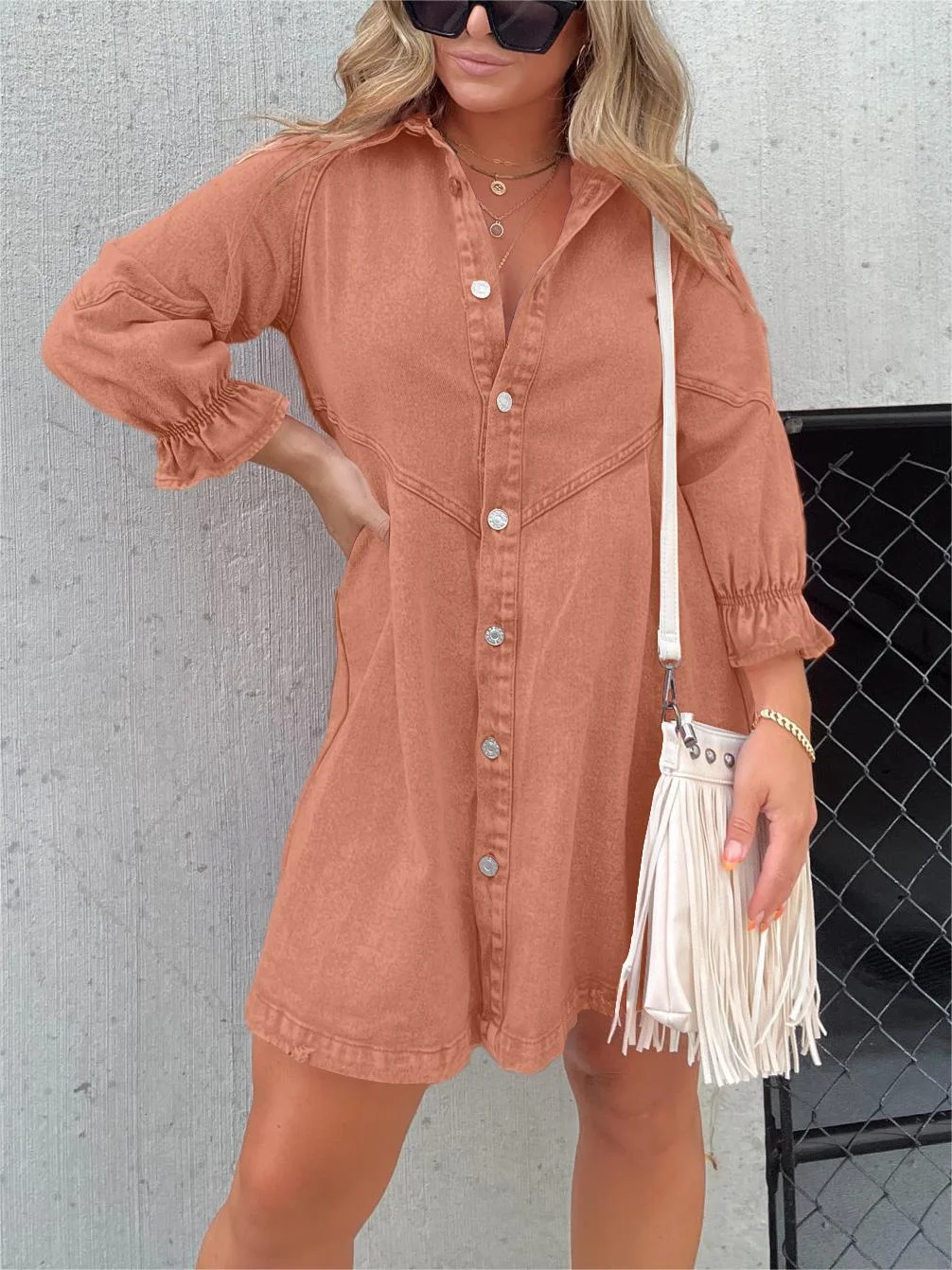 Aileen Gewassen denim jurk met pofmouwen