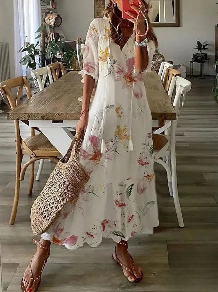 Aimee Damesjurken Baardprint midijurk met Vhals