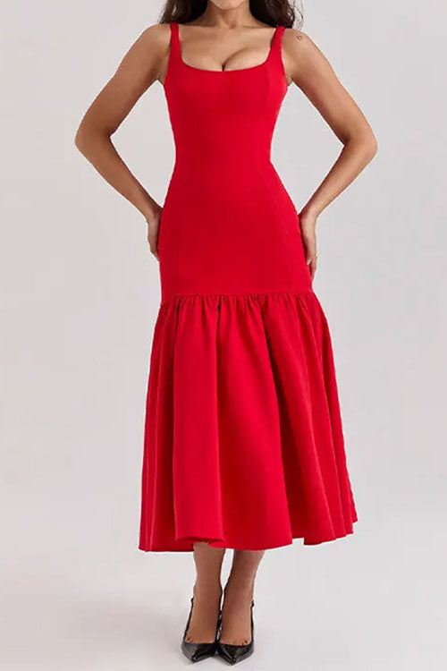 Amaya Ronde hals mouwloze midi jurk met ruches
