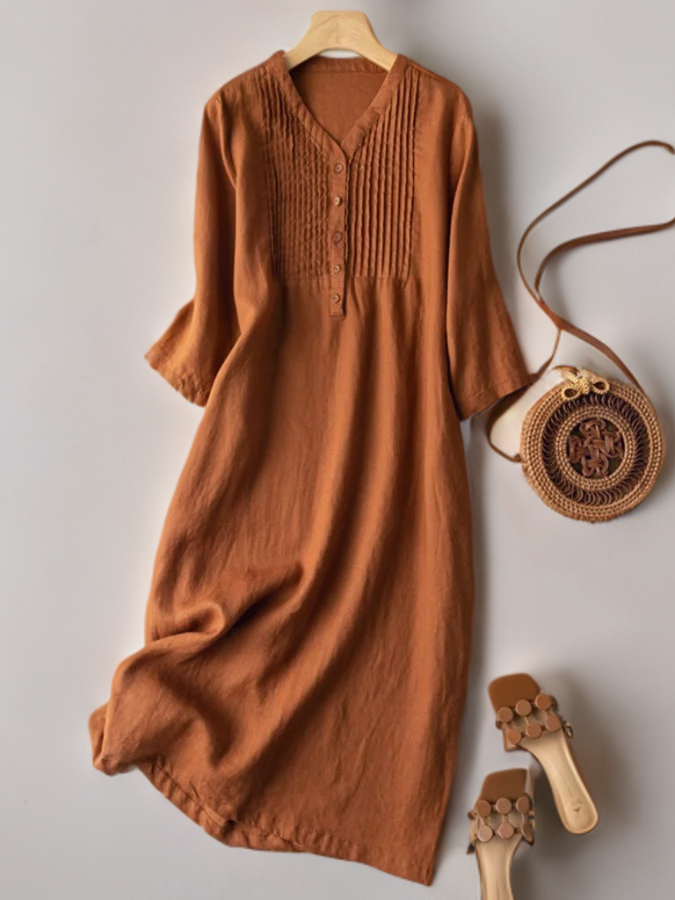 Annaliese Losse geplooide jurk met puntige halslijn