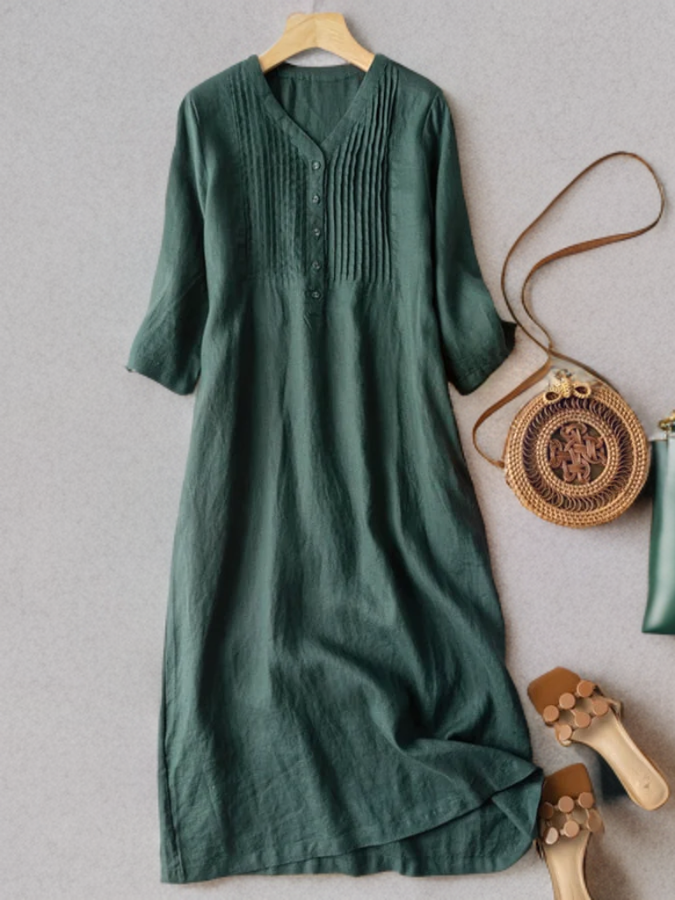 Annaliese Losse geplooide jurk met puntige halslijn