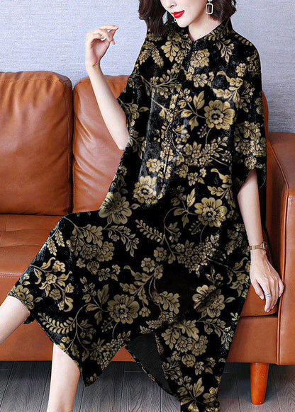 Armine Vintage maxi jurk met opstaande kraag, print en open zijkanten