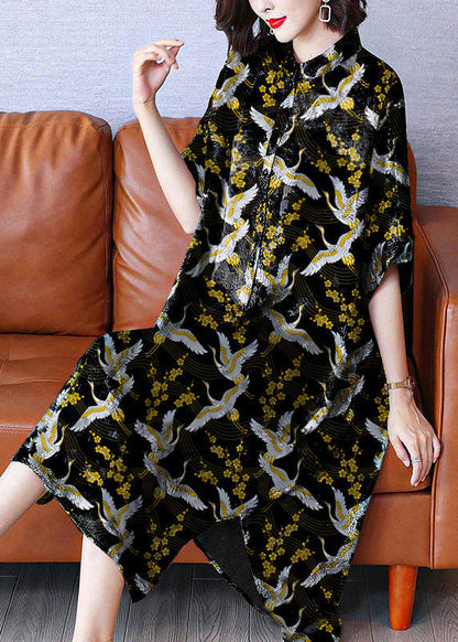 Armine Vintage maxi jurk met opstaande kraag, print en open zijkanten