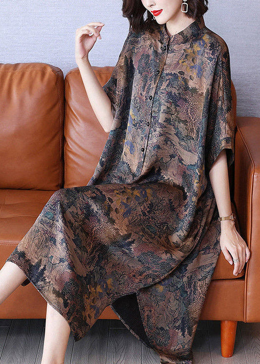 Armine Vintage maxi jurk met opstaande kraag, print en open zijkanten