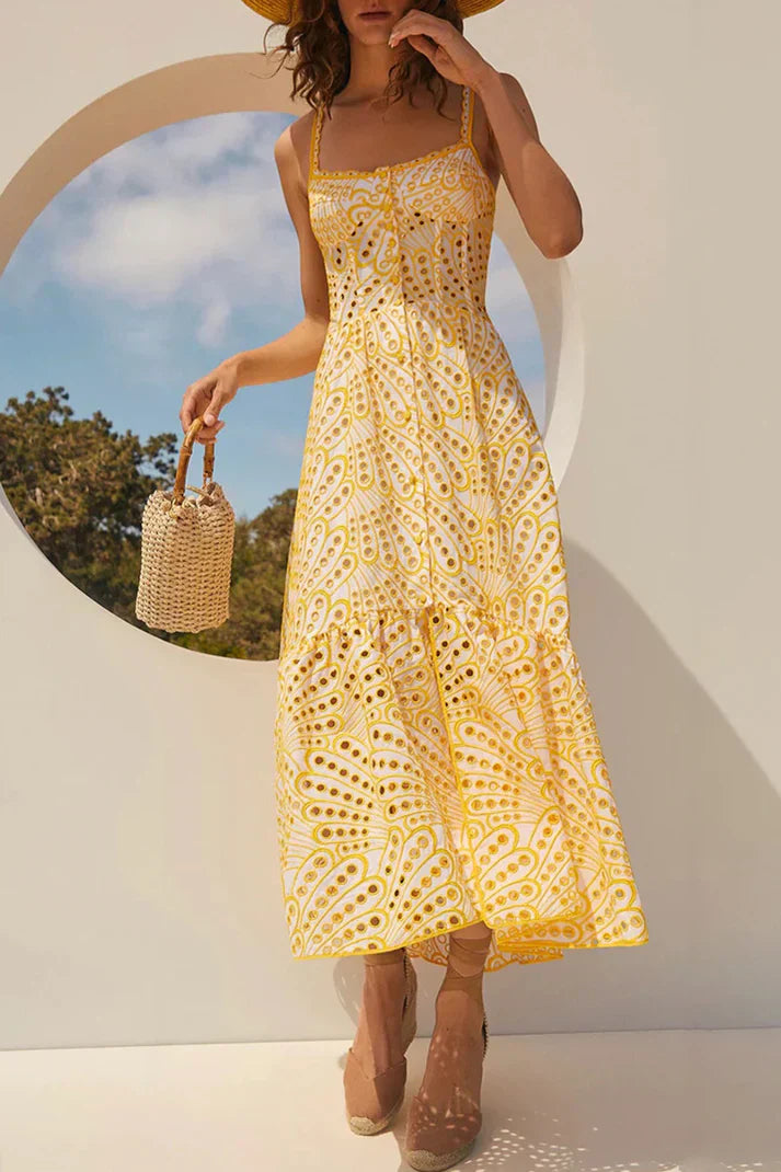 Arya Zoete elegante effen uitlopende patchwork slingjurk met vierkante hals