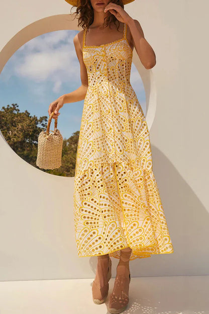 Arya Zoete elegante effen uitlopende patchwork slingjurk met vierkante hals