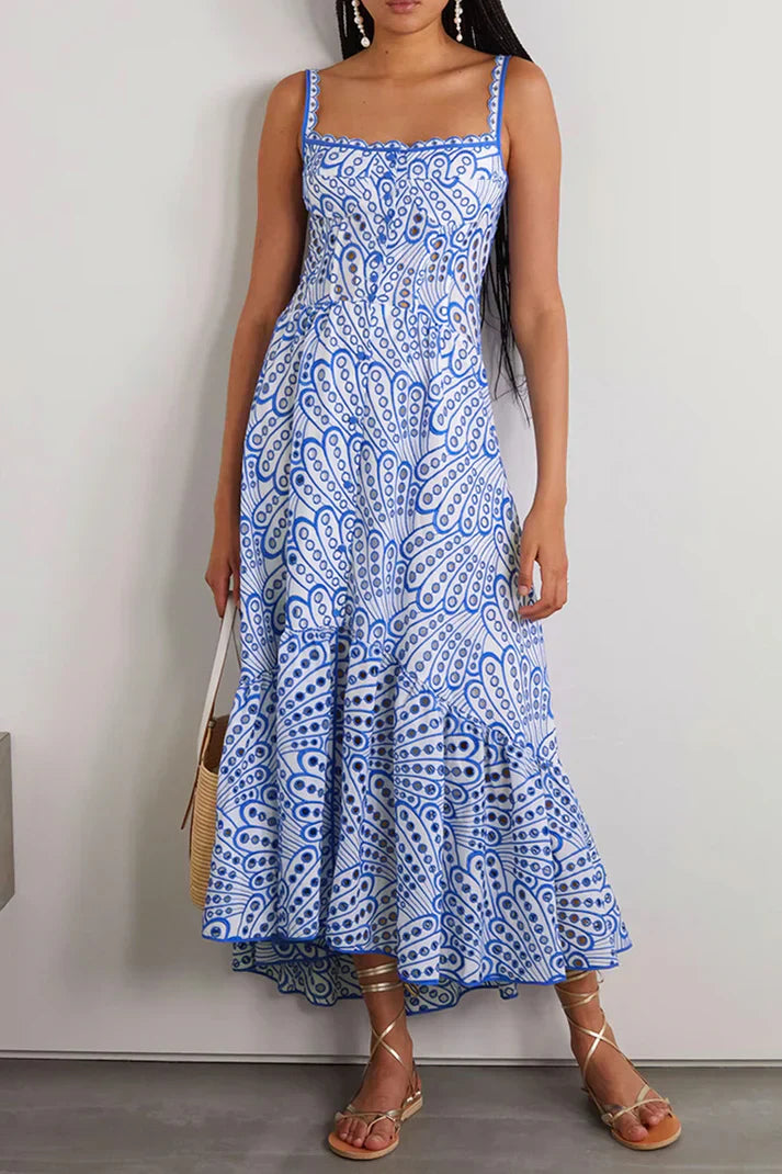 Arya Zoete elegante effen uitlopende patchwork slingjurk met vierkante hals