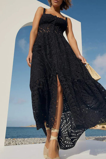 Arya Zoete elegante effen uitlopende patchwork slingjurk met vierkante hals