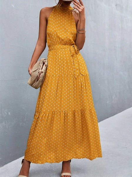 Aviana Strappy halter jumpsuit jurk met ruches en stippenprint, bestseller