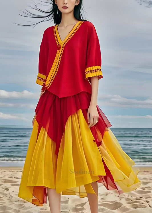 Billena Asymmetrische patchwork chiffon boho jurk met Vhalslijn