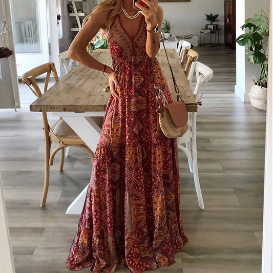Blanca Rode bohemianchique maxijurk met dunne bandjes en print