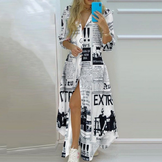 Antonia Creatieve jurk met moderne krantenprint