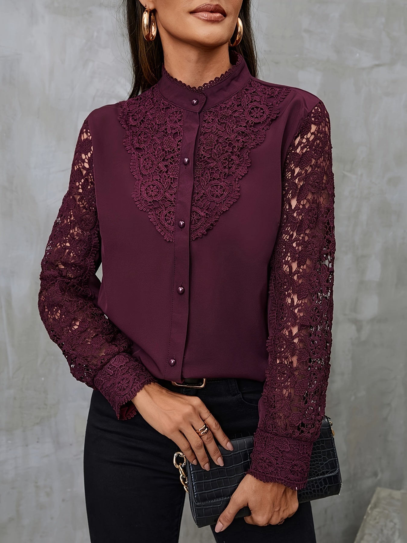 Contrast Kanten Blouse - Kanten Patchwork & Mandarin Kraag
