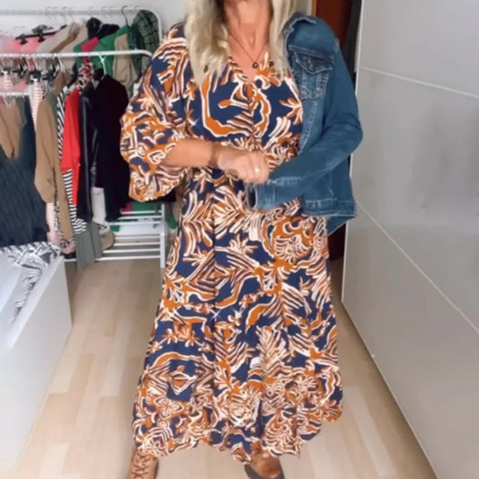 Lange jurk met print en klassieke halslijn