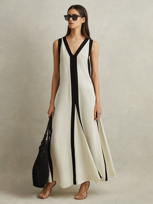 Darla Alijn lange jurk met colourblocking, omkeerbare stijl, elegant, met pianotoetsen